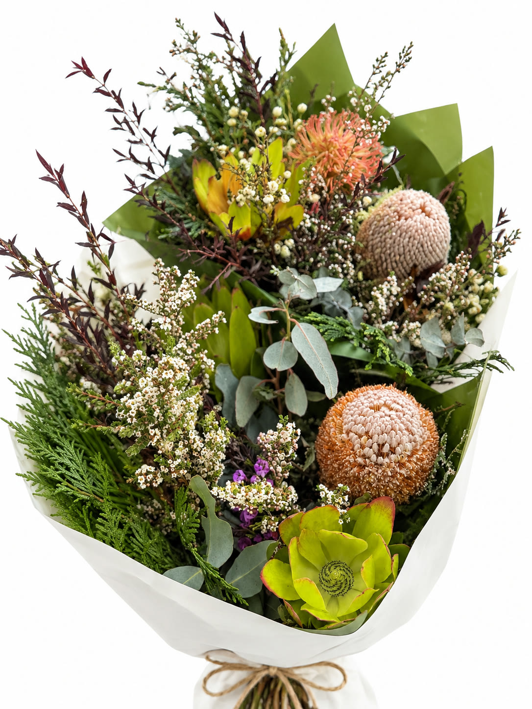 Australian native bouquet of banksia, protea and eucalyptus wrapped in white paper