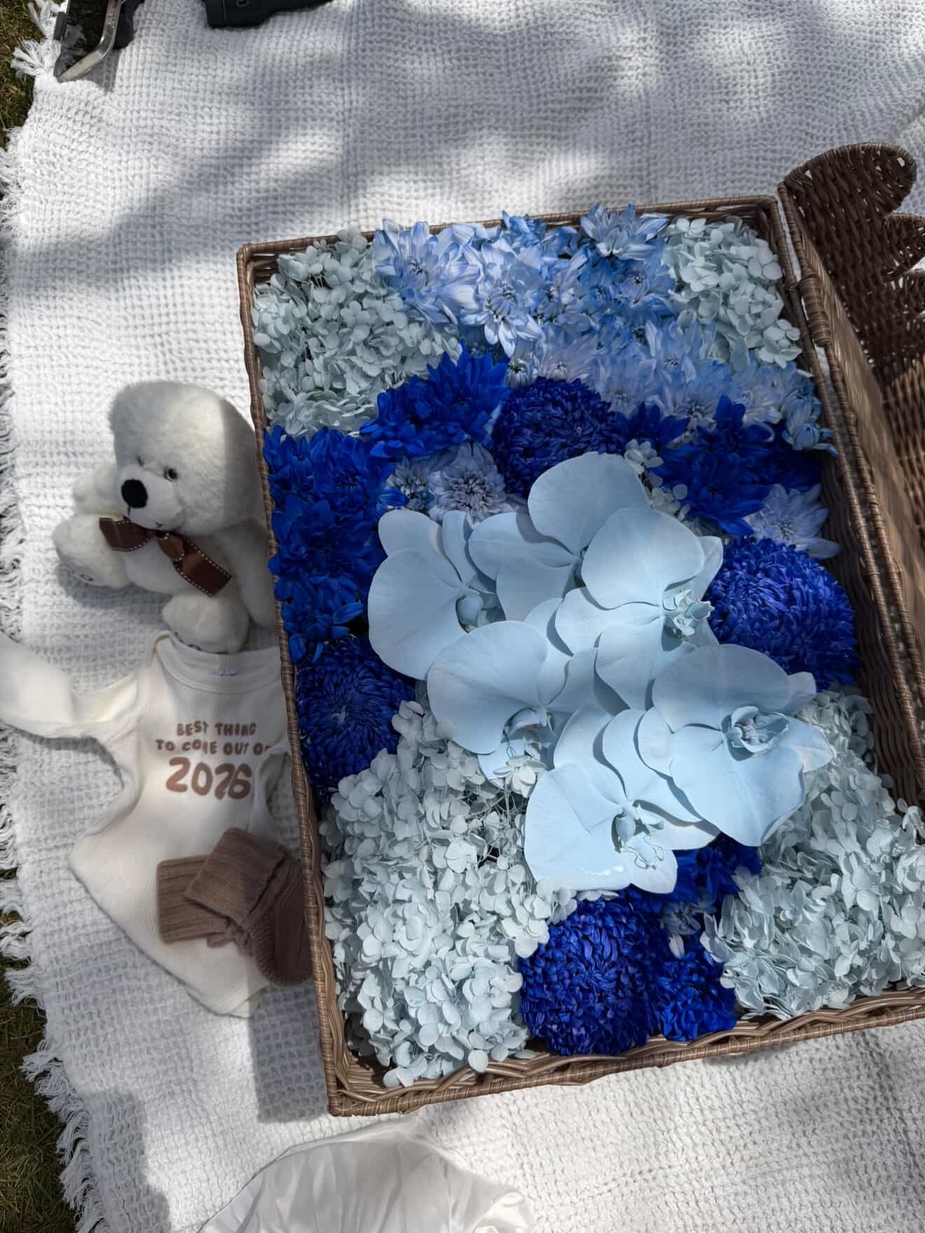Tray of blue and white flowers styled for a baby announcement, with a teddy bear