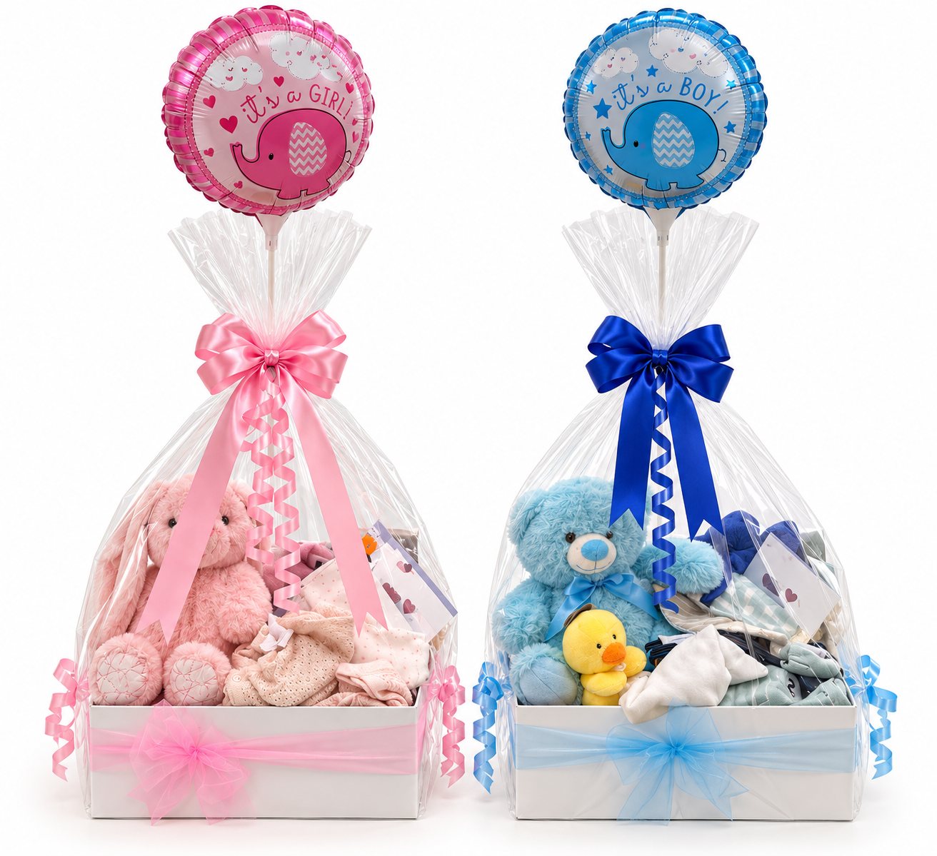 Pink and blue baby hampers wrapped in cellophane with bows and 'baby' balloons